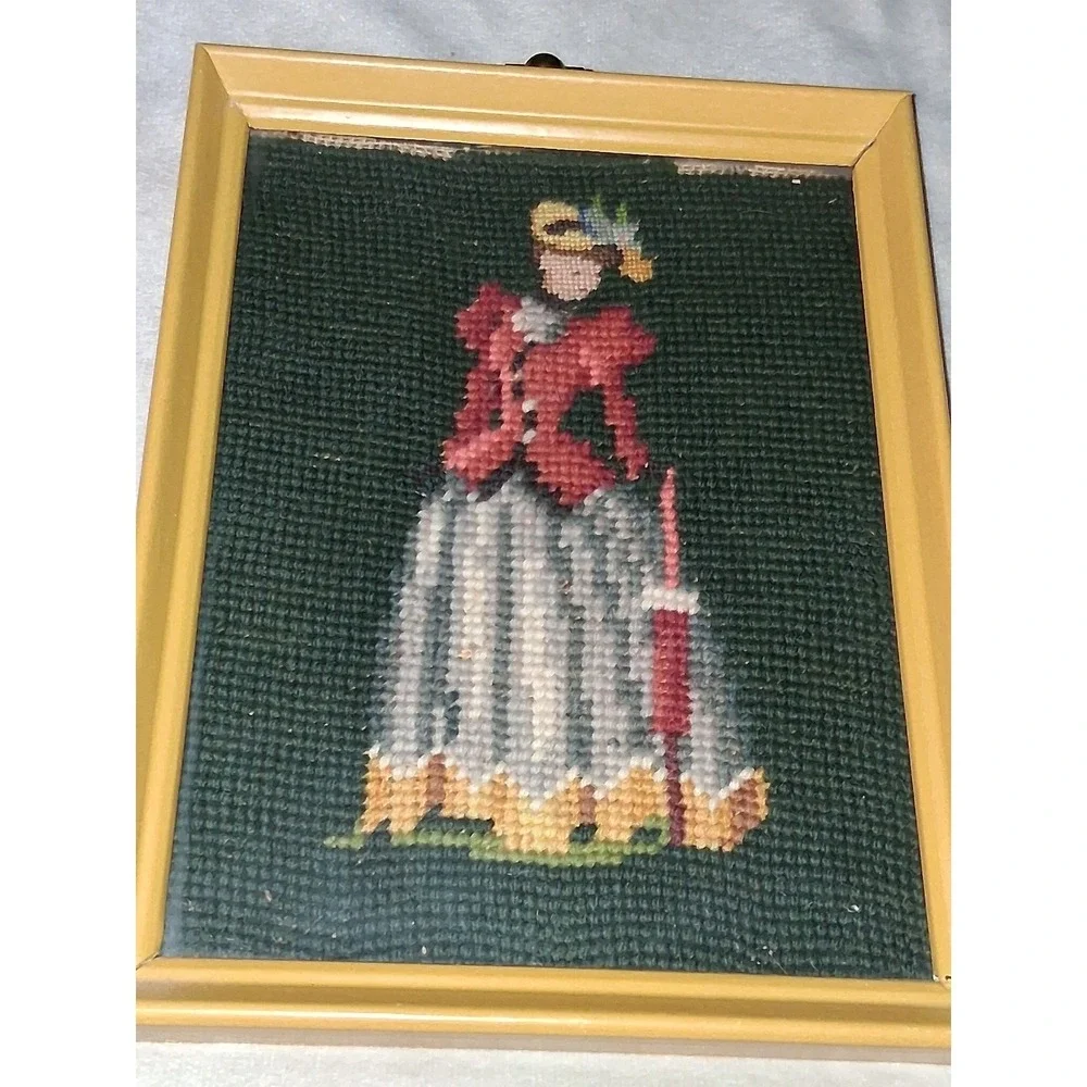 Vintage Handmade Framed Needlepoint Victorian Lady w/ Parasol Wall Art 9